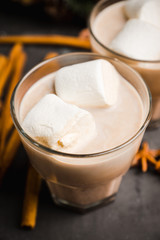 Sweet hot chocolate in glass. Christmas drink with spices and marshmallow. Selective focus. Shallow depth of field. 