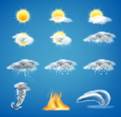 Vector 3d realistic set of weather forecast icons for web interfaces or mobile apps, isolated on blue background. Meteorology symbols clipart, sunny day, gray clouds with rain, tornado, tsunami - obrazy, fototapety, plakaty