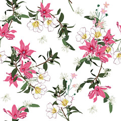 Hand drawn colorful blooming flowers botanical floral and  leaves  background vector seamless pattern