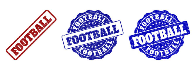 FOOTBALL grunge stamp seals in red and blue colors. Vector FOOTBALL signs with distress effect. Graphic elements are rounded rectangles, rosettes, circles and text labels.