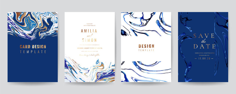 Wedding Invitation, Thank you Card, rsvp, posters, modern card Design Collection. Trendy Marble background, Marbling texture design in navy blue ,green turquoise and golden texture vector temple.