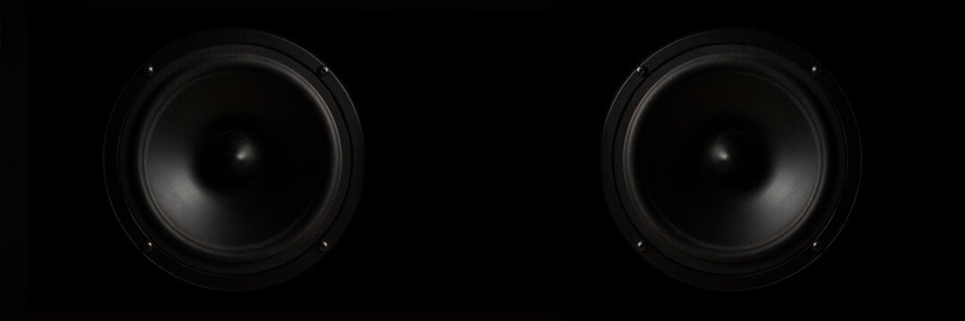 Black Music Speaker On A Black Isolated Background. Concept Of Party Or Listening To Music. Banner