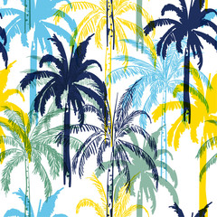 Colorful  summer palm trees on the white  forest  background. Vector seamless pattern. Tropical illustration.