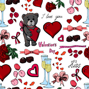 Fototapeta Valentine's day color pattern freehand drawing, bears, flowers, hearts, kisses, sweets. 