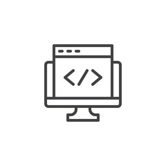 Computer display with seo outline icon. linear style sign for mobile concept and web design. Web browser code Optimization simple line vector icon. Custom code symbol, logo illustration