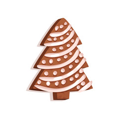 Glazed gingerbread in the shape of a Christmas tree, holifay symbol, New Year decoration vector Illustration on a white background