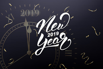 Fototapeta na wymiar New Year 2019. Card with New Year lettering and gold clock, meaning one minute before New Year.