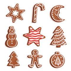 Fototapeta na wymiar Glazed gingerbread of various shapes set, Christmas symbols, New Year decoration elements vector Illustration on a white background