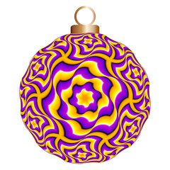 Yellow and purple relief christmas ball with flowers. Optical illusion of movement.