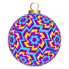Colorful christmas ball with flowers in techno style. Optical illusion of movement.