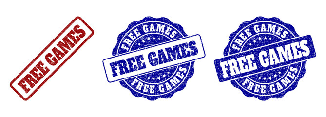 FREE GAMES grunge stamp seals in red and blue colors. Vector FREE GAMES overlays with scratced style. Graphic elements are rounded rectangles, rosettes, circles and text labels.