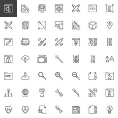 Designer tools outline icons set. linear style symbols collection, line signs pack. vector graphics. Set includes icons as Web design, Crop, 3d, Font, Eyedropper, Ruler, Idea, Transformation Computer