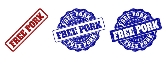 FREE PORK grunge stamp seals in red and blue colors. Vector FREE PORK marks with grunge style. Graphic elements are rounded rectangles, rosettes, circles and text titles.