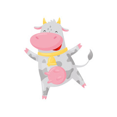 Cute happy cow with golden bell having fun, funny farm animal cartoon character vector Illustration on a white background