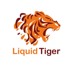 Logo template of liquid colorful tiger head made of drops and spots. Tiger growls, opened its toothy mouth.