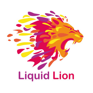 Logo pattern of liquid colorful lion head made of drops and spots. Lion roars, opened toothy maw.
