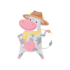 Lovely spotted cow with golden bell wearing hat, funny farm animal cartoon character vector Illustration on a white background