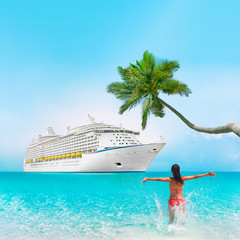 Cruise ship Caribbean tropical vacation travel girl in holiday beach destination with palm tree and...
