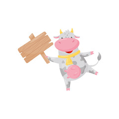 Cute happy cow with wooden signboard, funny farm animal cartoon character vector Illustration on a white background