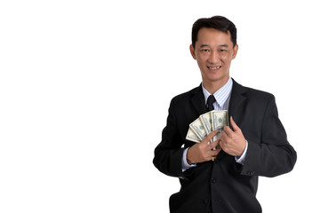 Businessman hiding bank note in his suit.