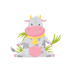 Cute spotted cow sitting and eating grass, funny farm animal cartoon character vector Illustration on a white background