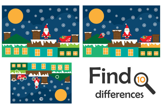 Find 10 differences, game for children, Santa on the roof. christmas cartoon, education game for kids, preschool worksheet activity, task for the development of logical thinking, vector illustration