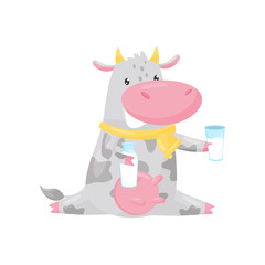 Lovely spotted cow sitting and holding bottle and glass of milk, funny farm animal cartoon character vector Illustration on a white background
