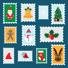 Different colorful christmas postage stamps for children, fun preschool activity for kids, letter to Santa Claus, set of stickers, vector illustration