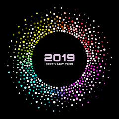 New Year 2019 Card Background. Bright Colorful Disco Lights Halftone Circle Frame isolated on black background. Confetti circle border using rainbow colors dots texture. Vector illustration.