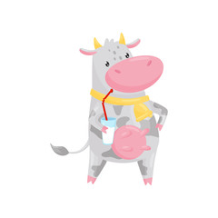 Lovely cow drinking milk with straw, funny farm animal cartoon character vector Illustration on a white background