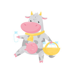 Lovely spotted cow carrying a basket of milk bottles, funny farm animal cartoon character vector Illustration on a white background