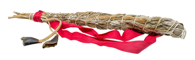 tied bundle of white sage for smudging in the esoteric Indian area isolated on white