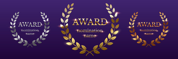 Golden, silver and bronze award signs with laurel wreath isolated on purple background. Vector award design templates.