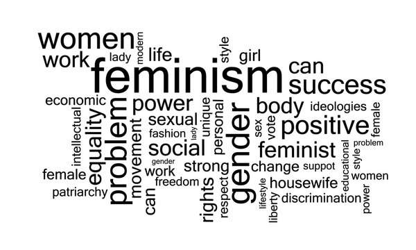 Background with black feminism concept words. Banner for web site, blog, article or social network on the theme of feminism. Vector illustration