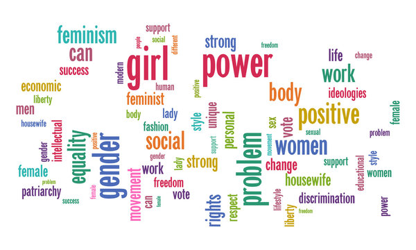 White background with colorfull feminism concept words. Banner for web site, blog, article or social network on the theme of feminism. Vector illustration