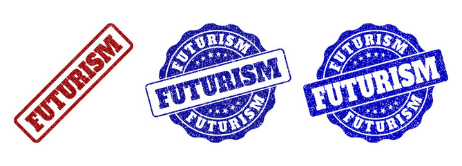 FUTURISM grunge stamp seals in red and blue colors. Vector FUTURISM imprints with dirty texture. Graphic elements are rounded rectangles, rosettes, circles and text tags.