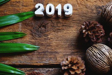 Old wooden texture background decorated to be picture frame with green leaf and pine seed in classic color tone, happy new year 2019 concept