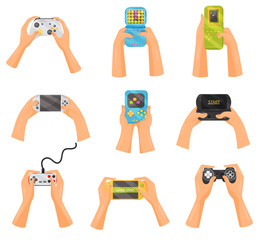 Hands holding gamepads set, retro and modern game gadgets, gaming concept vector Illustration on a white background