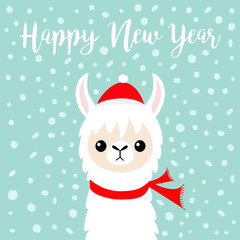 Happy New Year. Llama alpaca baby face. Santa Claus red hat, scarf. Cute cartoon funny kawaii character. Merry Christmas. Snow flake falling. Greeting card print. Flat design. Blue background.