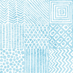 Seamless grunge pattern in patchwork style. Vintage blue and white pattern. Cute illustration. - obrazy, fototapety, plakaty
