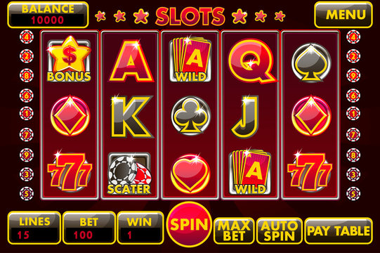 Vector Interface slot machine in black-red colored. Complete menu of graphical user interface and full set of buttons for classic casino games creation. Big set of gaming casino icons
