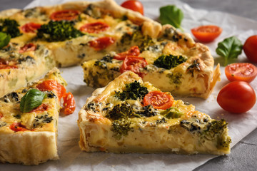 Homemade tart with broccoli, tomatoes and blue cheese.