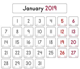 Detailed daily calendar of the month of January 2019