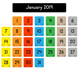 Detailed daily calendar of the month of January 2019