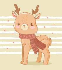 Hand drawn cute deer on a striped background. Print design on t-shirt.