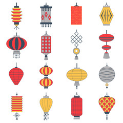 Fototapeta na wymiar Chinese paper lantern collection icon set. New Year and Spring festival decoration elements and holiday celebration symbols. East culture traditional japanese lanterns and lamps.