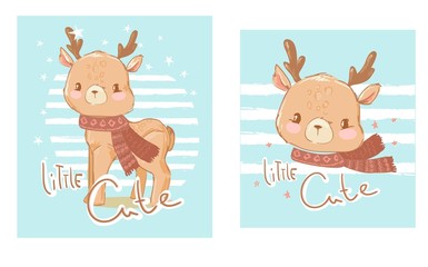 Hand drawn set of children's prints with a deer on a blue striped background. Winter illustration. Vector.