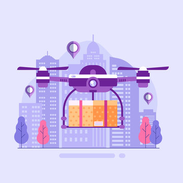 City drone delivery service with copter carrying package concept illustration. Quad copter shipping parcel box on modern town background.