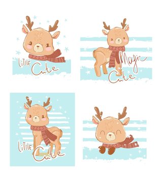 Hand drawn set of children's prints with a deer on a blue striped background. Winter illustration. Vector.