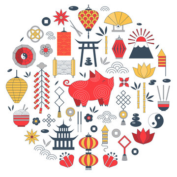 Chinese New Year elements in circle shape for greeting postcard design and print. China Spring Festival 2019 card with pig, lotus flowers, lanterns, fireworks, coins and traditional china ornament.
